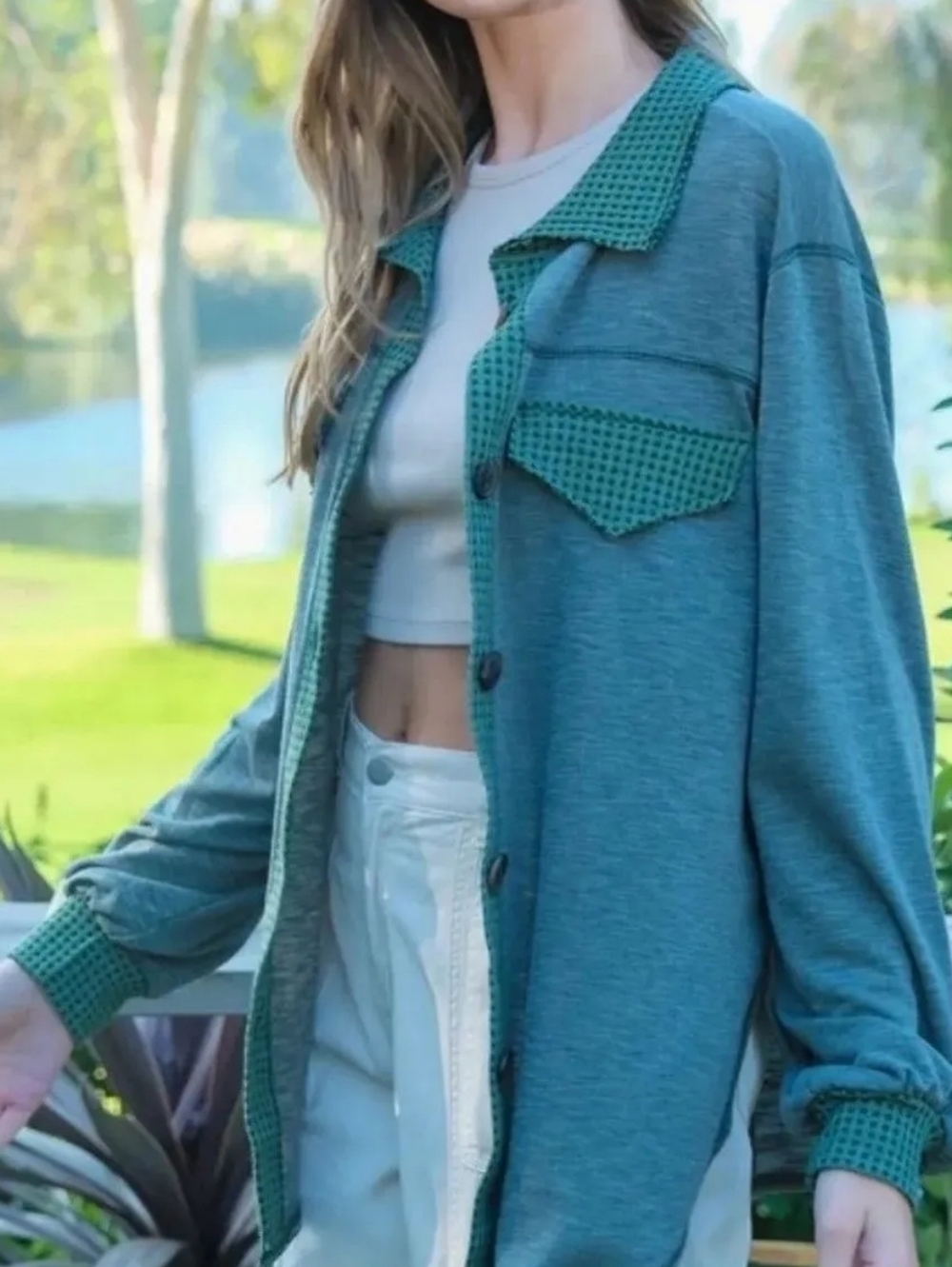 Teal Button-Up Shacket with Contrast Waffle Trim